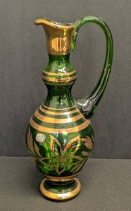 Vintage Bohemia Crystal Green Czech Glass Pitcher with Gold Deco