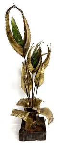 Jorge Lopez Mid-Century Brutalist Floral Brass Sculpture w/ Green Glass Buds