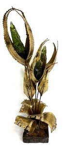 Jorge Lopez Mid-Century Brutalist Floral Brass Sculpture w/ Green Glass Buds