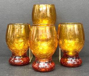 Blenko Amber Crackle Glass Goblets - 4-Pack, Vintage 1950s-1980s