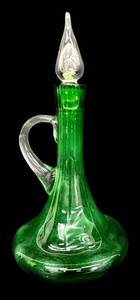 Vintage Mid Century Modern Bischoff Emerald Green Hand-Blown Glass Decanter with Crystal Flame Stopper & Handle