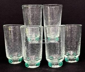 Vintage Blenko Glass Tumblers - Crackle Glass with Sea Green Rosette Feet (Lot of 5)