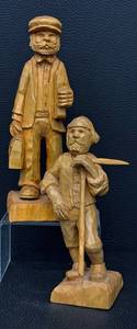 Pair of Hand-Carved Wooden Folk Art Figurines - 9.75-in Tall, Rustic