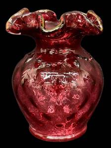 Fenton Cranberry Glass Vase - Hand-Blown, Ruffled Rim, Dan Fenton Signature, 1930s