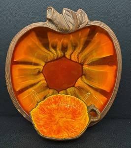 Vintage Mid Century Treasure Craft USA Fall Pumpkin Serving Bowl & Small Dish