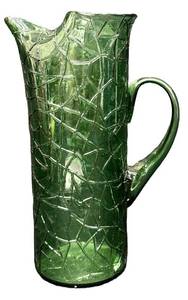 Vintage Mid Century Green Crackle or Crinkled Glass Pitcher with Handle