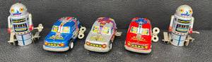 Set of 5 Vintage Tin Wind-Up Toys Robots and Space Missile Cars
