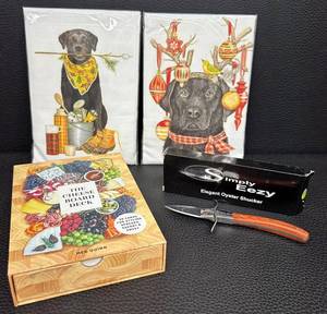 Meg Quinn The Cheese Board Deck, 2 Adorable Flour Sack Towels and Elegant Oyster Shucker