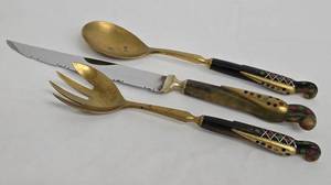 Vintage Lebanese Serving Set - 3-Piece with 7-in Serrated Knife and Enamel-Dot Pattern Handles