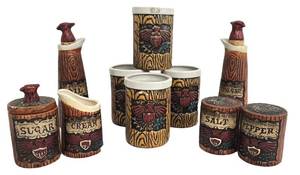 Vintage Mid Century Napcoware Woodgrain Ceramic Kitchen Set - Oil & Vinegar Cruets, SugarCreamer, Salt & Pepper Shakers