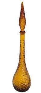 Vintage 1960s Empoli Amber Glass Genie Bottle Stopper Bubble Bumps Hobnail