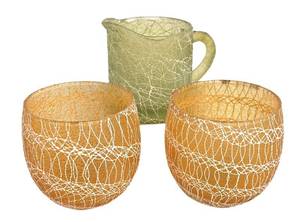 Vintage Mid Century Color Craft Spaghetti Strinkg Pitcher and Pair of Roly-Poly Glasses