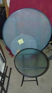 lot 15 image: 2- Metal and Glass Patio Tables. 18 Rd and Large Glass and Metal Patio Table 32 Rd