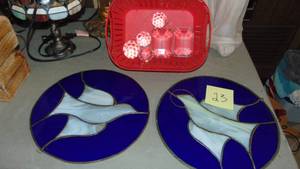 lot 23 image: Glass Paperweights and 2 Rd Stain Glass Pieces