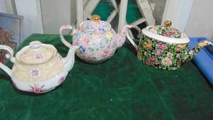 lot 47 image: 3- Floral Teapots, Royal Albert has a chip on the inside
