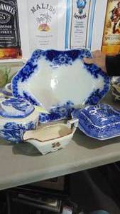 lot 60 image: Assorted Blue China Pieces, Including Flow Blue Platter with Chip