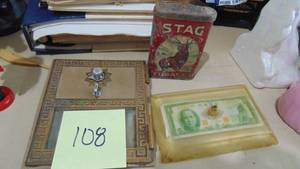lot 108 image: Post Office Box Front, Slag Tin and Paperweight