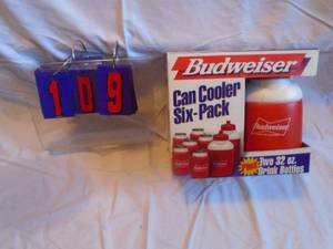 lot 109 image: New in box Budweiser 6 pack can cooler & bottles. As shown.