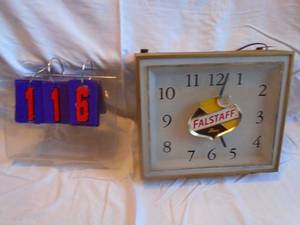 lot 116 image: Vintage Falstaff hanging clock. Steel case. Looks like from 1950s. As shown.