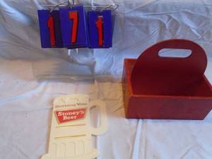 lot 171 image: Stoneys Beer plastic mug sign & wood Killian napkin holder. As shown.