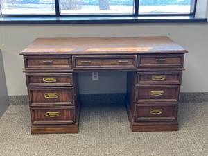 lot 15 image: Wooden Double Pedestal Desk with Brass Handles