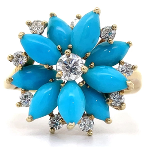 lot 38 image: Kurt Wayne Turquoise Petal & Natural Diamond Flower Cluster Ring in 18k Yellow Gold VIDEO