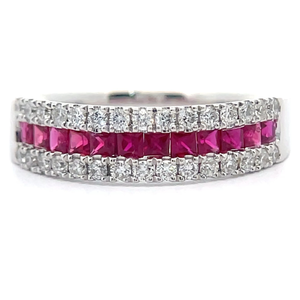 lot 48 image: 0.65 Carat Natural Ruby & Natural Diamond Triple Row Ring in 14k White Gold Retail $2,495 VIDEO