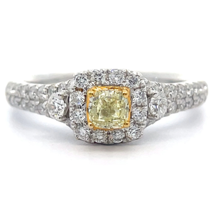 lot 67 image: 0.85 Carat Natural Fancy Yellow & Natural White Diamond Halo Cathedral Ring in 14k Gold Retail $4,495 VIDEO