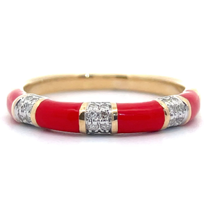 lot 71 image: Natural Diamond & Coral Enamel Bamboo Style Ring in Yellow Gold Retail $695 VIDEO