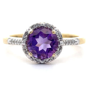 lot 82 image: 0.25 Carat Natural Amethyst & Natural Diamond Round Halo Ring in Yellow Gold Retail $845