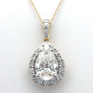 lot 13 image: 3 Carat Diamond Pear Halo Drop Necklace in 14k Gold w Report VIDEO
