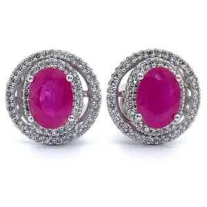 lot 21 image: 0.30 Carat Natural Ruby & Diamond Halo Stud Earrings in 14k White Gold Retail $2,395 VIDEO
