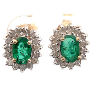 lot 37 image: Oval Natural Emerald & Diamond Cluster Stud Earrings in 14k Yellow Gold VIDEO