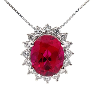 lot 43 image: 0.51 Carat Ruby & Diamond Halo Necklace in 14k White Gold Retail $1,745 VIDEO