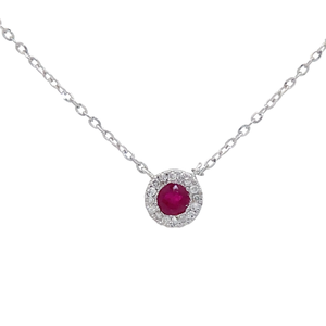 lot 53 image: 0.17 Carat Natural Ruby & Diamond Halo Necklace in 14k White Gold Retail $995 VIDEO