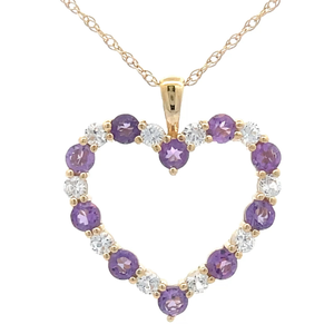 lot 55 image: Natural Amethyst & White Sapphire Heart Halo Pendant Necklace in Yellow Gold Retail $645 VIDEO