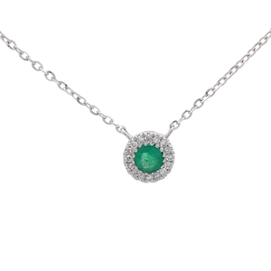 lot 81 image: Natural Emerald & Natural Diamond Halo Necklace in 14k White Gold Retail $995