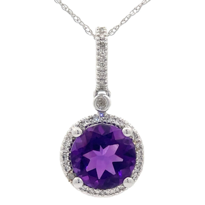 lot 85 image: Natural Amethyst & Natural Diamond Drop Halo Necklace in 14k White Gold Retail $1,245