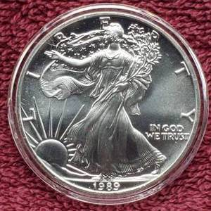 lot 6 image: 1989 American Silver Eagle in Airtite