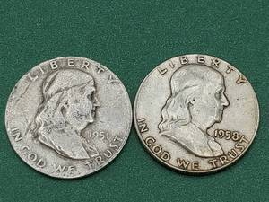 lot 69 image: 2 Franklin Half Dollars--90% Silver