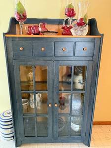 lot 1 image: Canadel Blue Display Cabinet With Glass Doors - 4-Drawer Upper Section, Double Glass Doors, China Cabinet