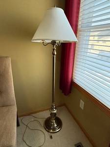 lot 13 image: Brass 3-Arm Floor Lamp with White Fabric Shade - 60 in Tall