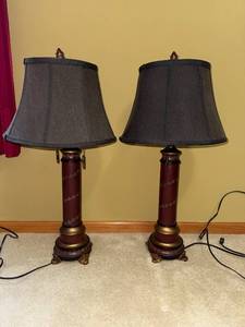 lot 16 image: Pair of Vintage Burgundy-Column Table Lamps With Vine Motif, 32-Inch Tall, Black Shades