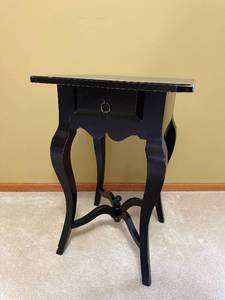 lot 17 image: End Table - Black Wood with Single Drawer & Ring Pull