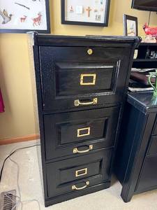 lot 19 image: 4-Drawer Filing Cabinet - Black Wood Locking Top Drawer, Brass Label Frames