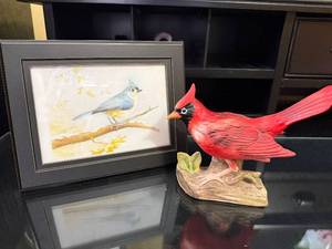 lot 20 image: Bluebird Print in Black Frame & Red Cardinal Lamp - Bird Decor Set
