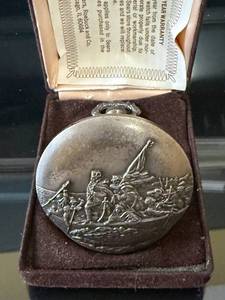 lot 34 image: Sears Bicentennial Pocket Watch 1776-1976 Eagle Dial in Display Box