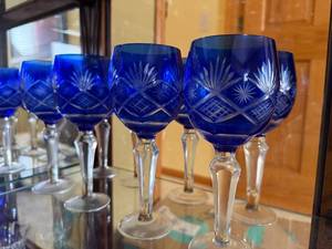 lot 39 image: Cobalt Blue Crystal Wine Goblets - Set of 8 - Cut-Glass Starburst Pattern