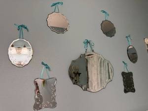 lot 46 image: Decorative Beveled Wall Mirrors - Teal Ribbon Hangers - Assorted Shapes