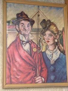 lot 48 image: Framed painting - Vintage couple with fishing rod, signed lower-right